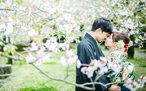 On-location photo shoot wearing a traditional Japanese wedding kimono
