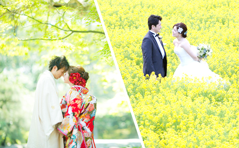 On-location photo shoot with Japanese wedding kimono and Western-style wedding gown